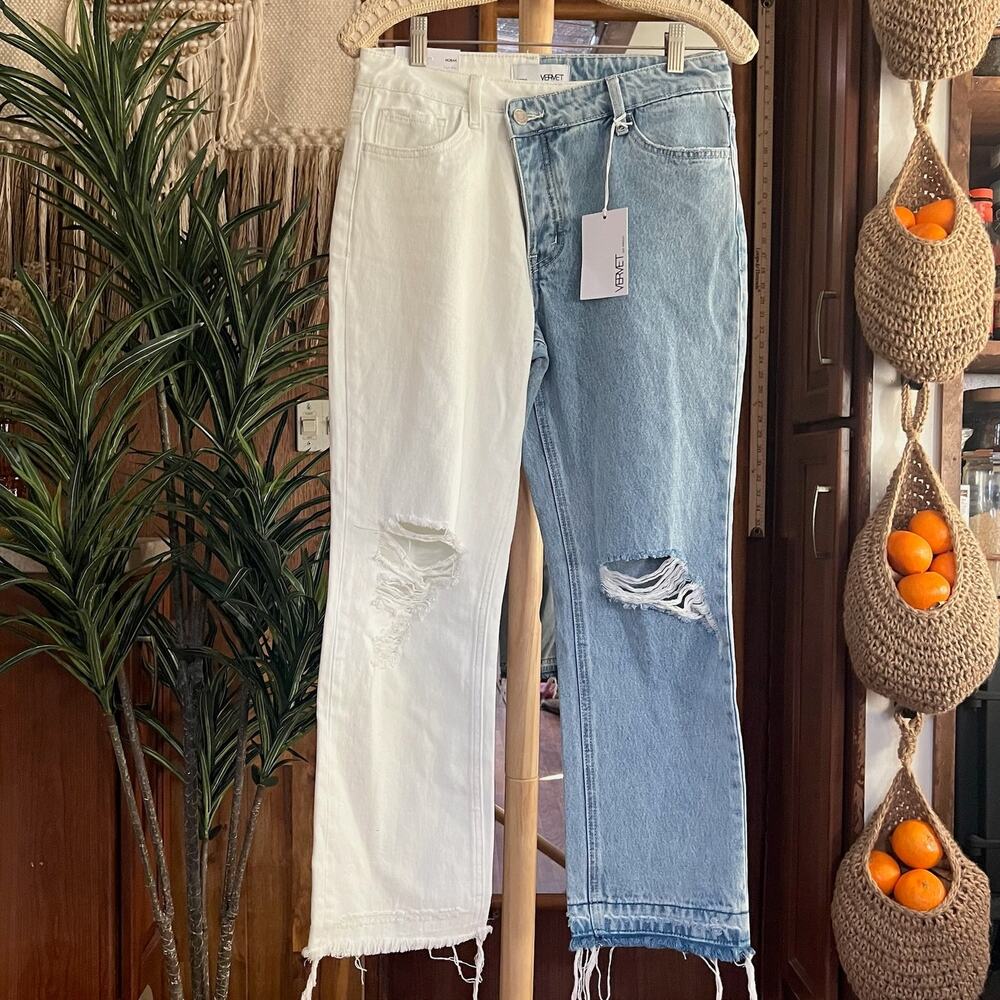 VERVET Norah Crossover Fly Colorblock Jeans 27 High Rise Straight Two Tone NWT - Picture 4 of 12